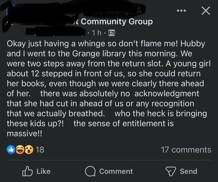 Person frustrated with young girl cutting in line at library return slot