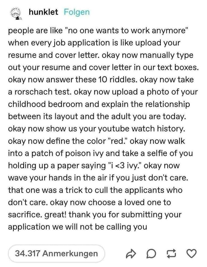 A social media post from 'hunklet' detailing absurd job application requirements, illustrating common recruiting hell experiences.