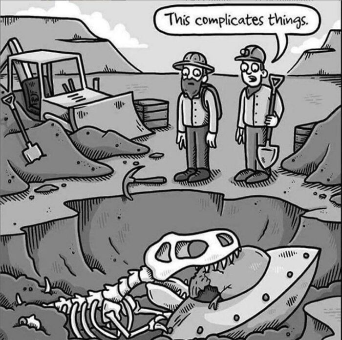 Two prospectors, one with a shovel, stare at a dinosaur skeleton and an alien spacecraft in a pit. High strangeness indeed!