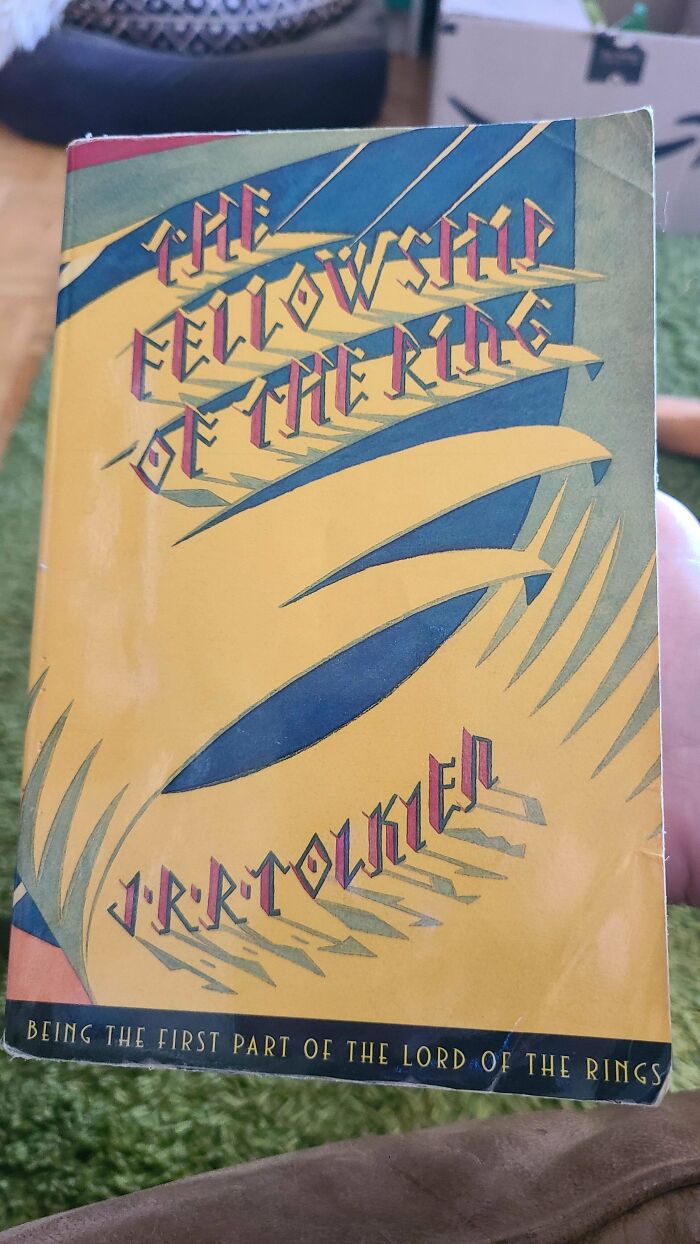 A hilariously unhinged book cover of J.R.R. Tolkien's The Fellowship of the Ring with strange design