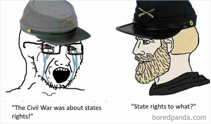 A Wojak meme featuring a crying Confederate soldier and a confident Union soldier, perfect for funny history memes.