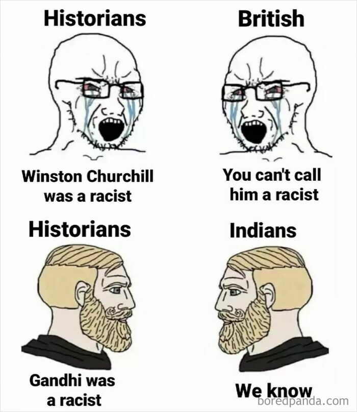 Funny history memes show crying historians debating Churchill and stoic Indians acknowledging Gandhi's racism.