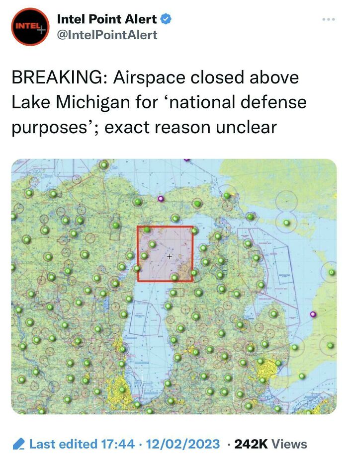 A map of Lake Michigan with a restricted airspace area highlighted. This could be high strangeness.