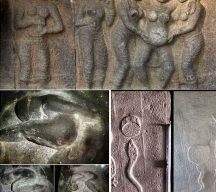 Collage of ancient carvings: figures, symbols, and strange designs, evoking high strangeness and rabbit hole speculation.