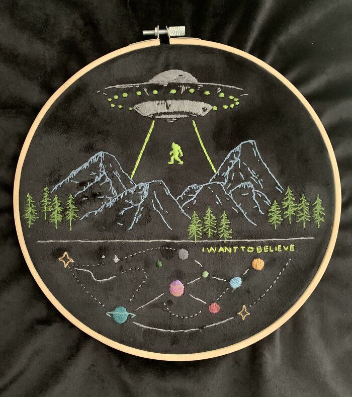 An Embroidery I Made After Being Inspired By All The Uap Sightings. Bonus Sasquatch