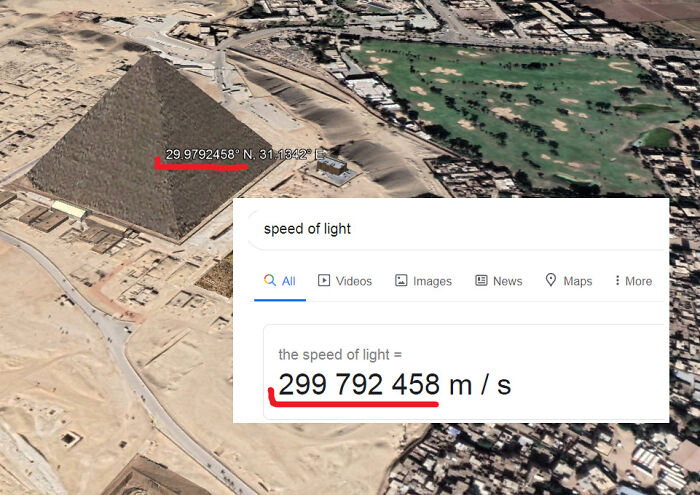 The Remarkable Alignment Of The Coordinates Of The Pyramid Of Khufu And The Speed Of Light. Apparently A Coincidence, But Very Strange!