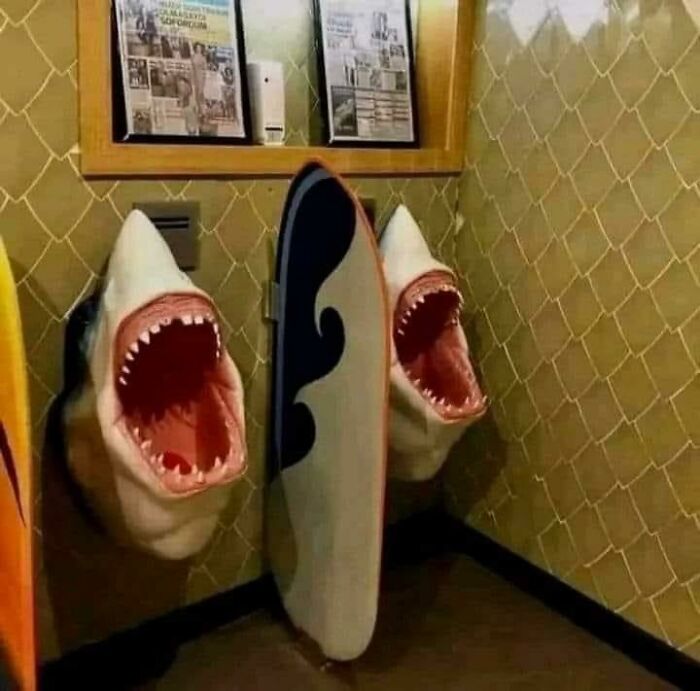 Toilet stalls with shark mouth design and obstructive doors showing cleaning issue