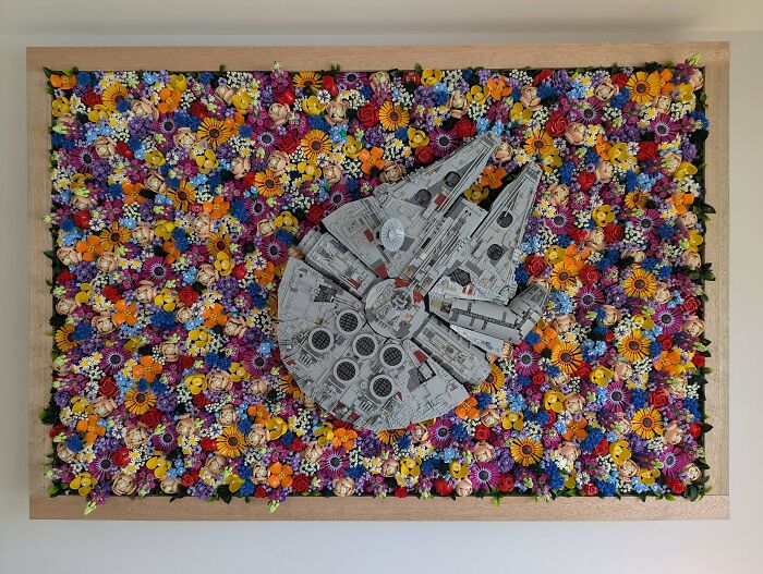 Millennium Falcon model placed on colorful floral background showing design oversight in cleaning
