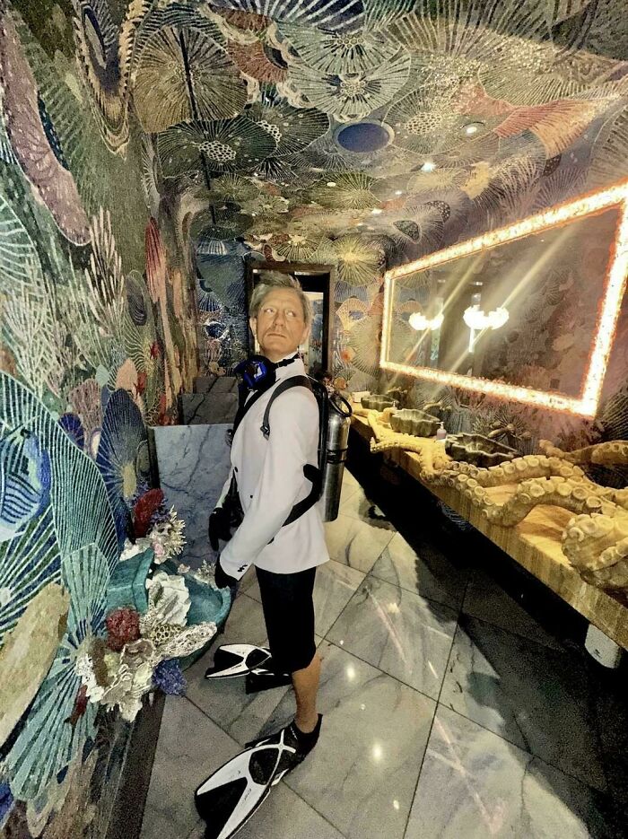 Person in themed bathroom with poor cleaning accessibility