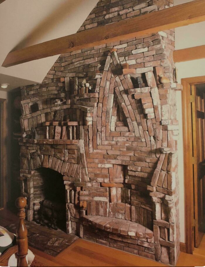 Complex brick fireplace with dust-collecting ledges