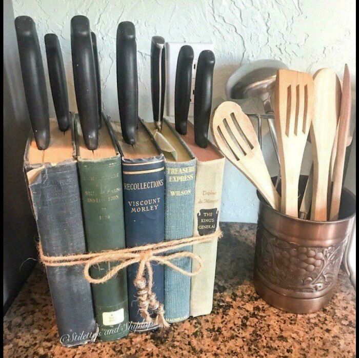 Kitchen knife block made from old books poses hygiene issues