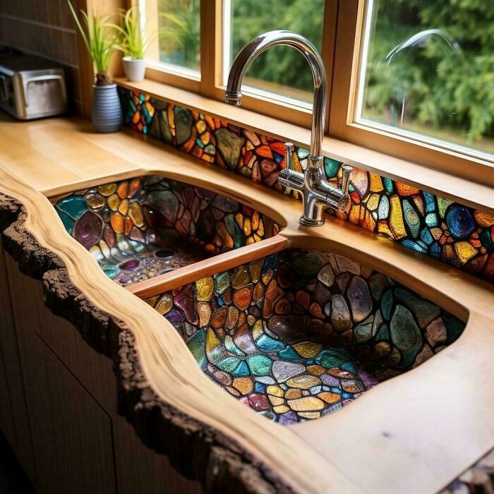 Kitchen sink with colorful mosaic stone design and wood edge