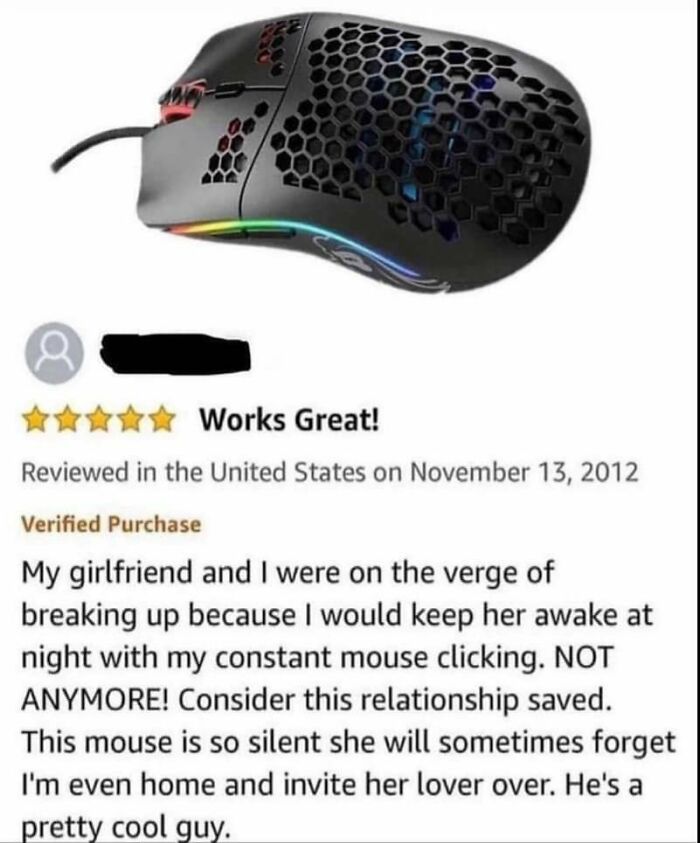 Gaming mouse with honeycomb shell and humorous product review