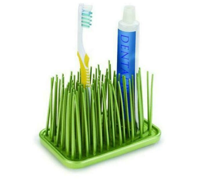 Green toothbrush holder resembling grass with toothbrush and toothpaste