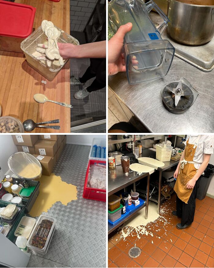 Kitchen fail with spilled batter and flour covered spoons on counter