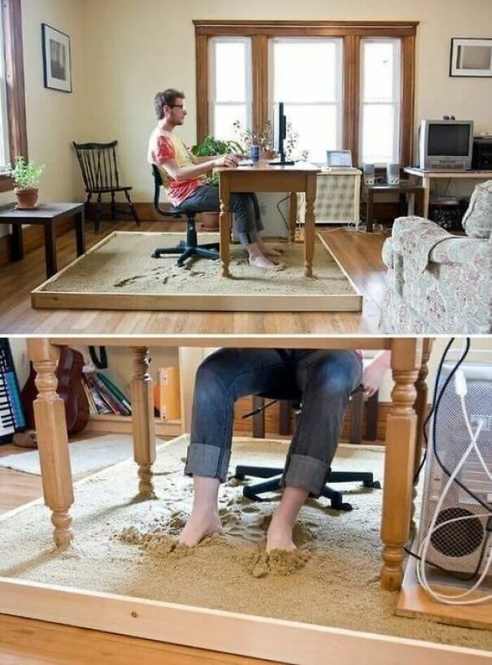 Office setup with sand-filled floor design for feet comfort