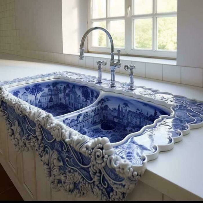Ornate blue and white ceramic sink with detailed pattern design