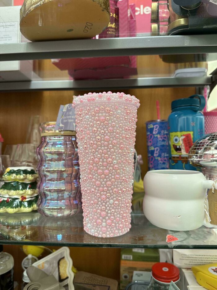 Pink pearl-covered glass vase complicated for cleaning