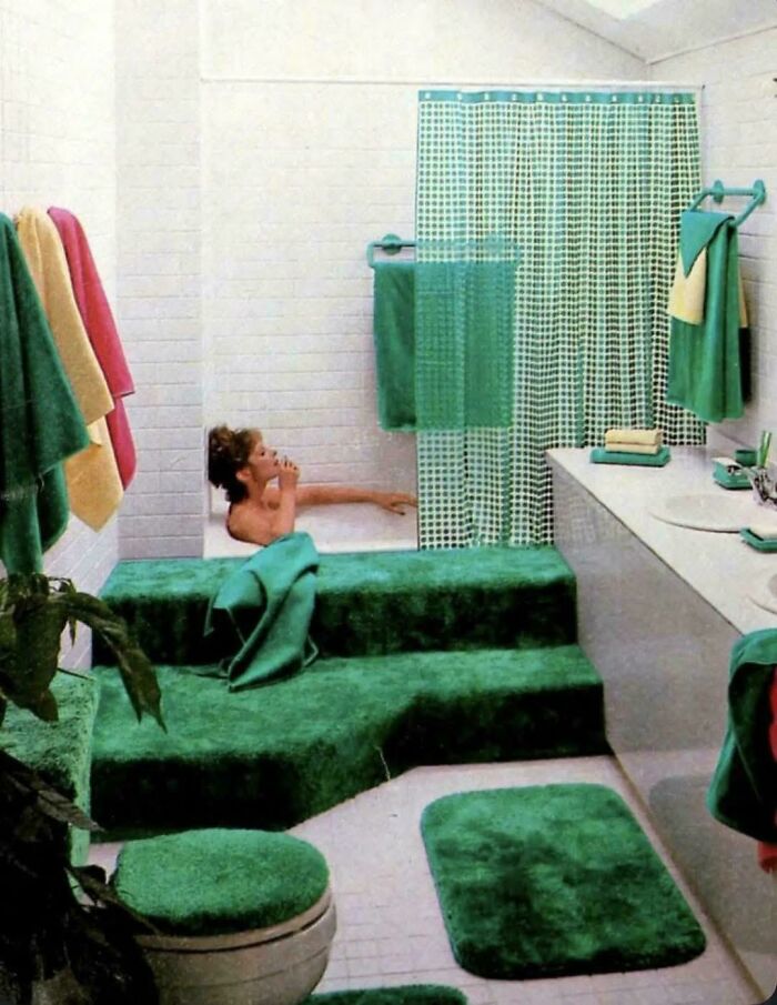 Bathroom with green carpeted floors, steps, and accessories showing unusual design