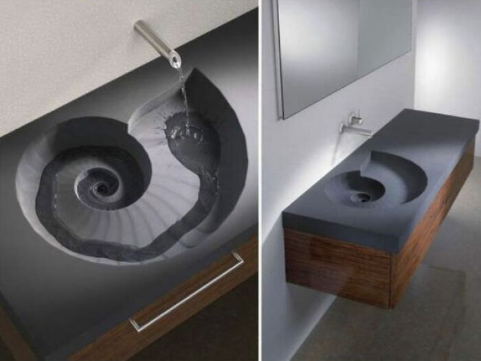 Spiral sink design with poorly cleaned water drainage area