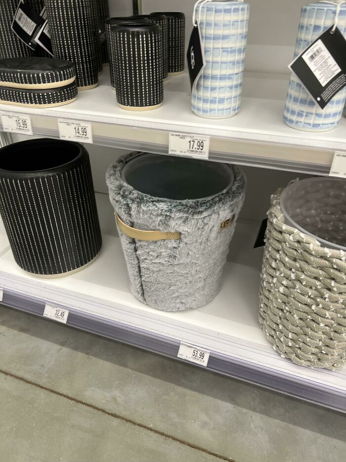 Bathroom trash bin with fuzzy exterior fabric hard to clean