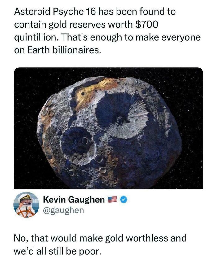 A tweet about Asteroid Psyche 16's gold, with a funny reply, one of the internet's favorite moments.