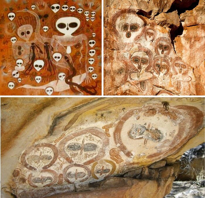 Ancient rock art depicting mysterious figures and symbols, suggesting high strangeness and unexplained phenomena.