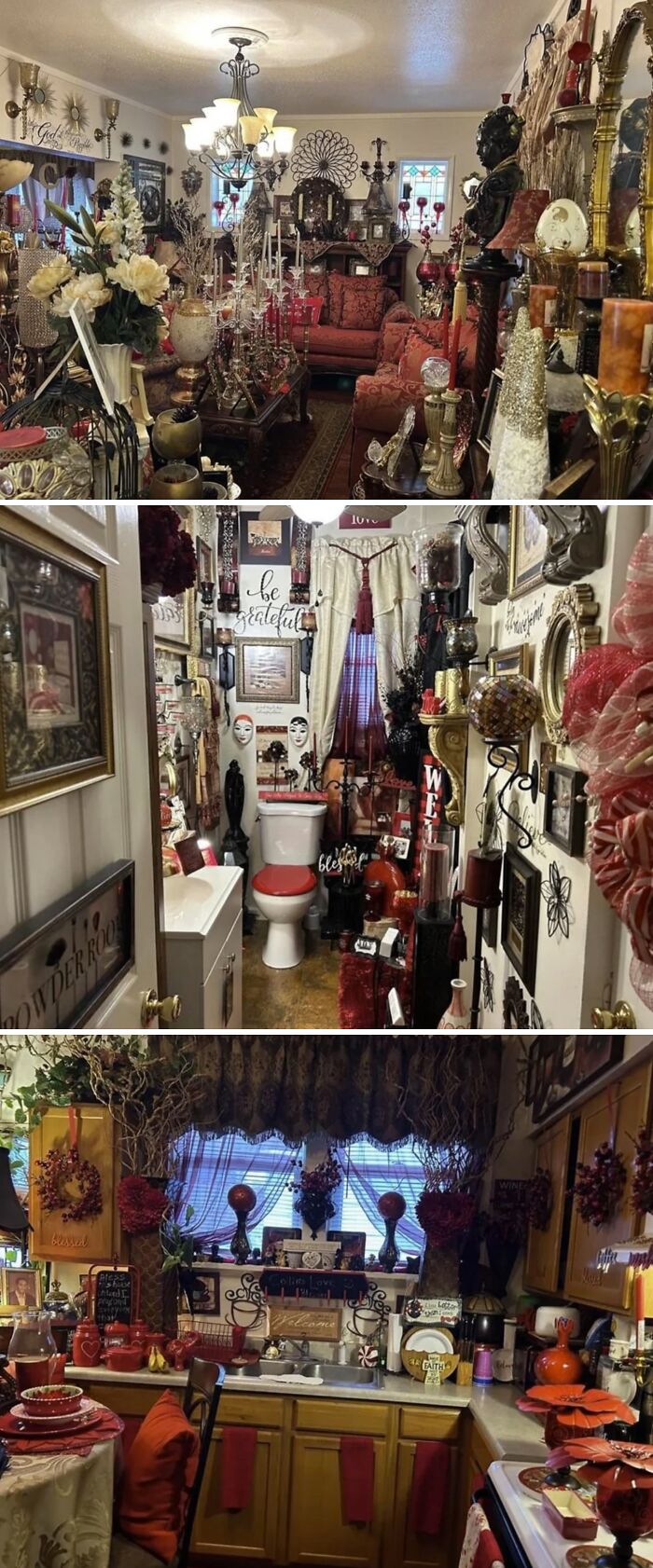 Room cluttered with excessive red and gold decorative items