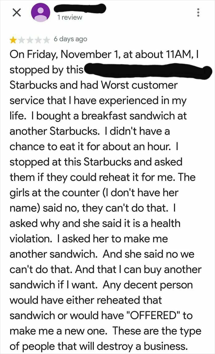 Customer complains about worst Starbucks service refusing to reheat sandwich or offer a replacement