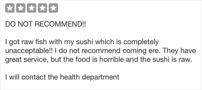 Customer warns about raw sushi and bad food despite good service