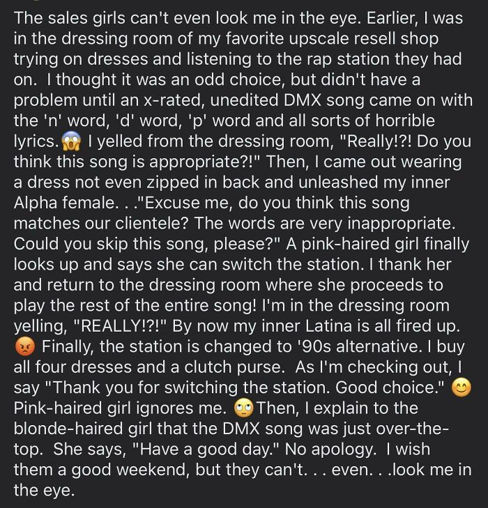 Dramatic story of a customer confronting sales staff over inappropriate music at resale shop