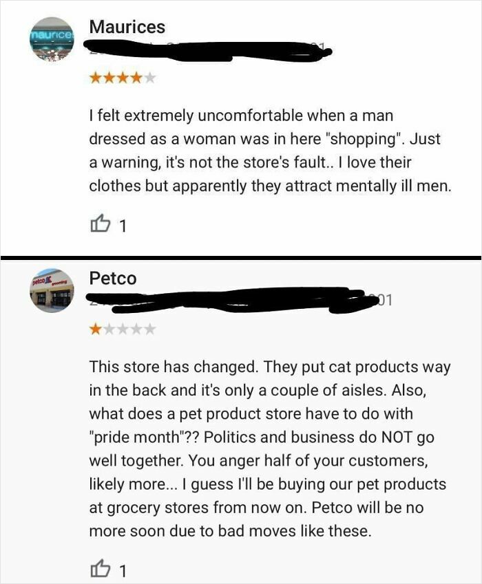 Dramatic negative review about discomfort with a man dressed as a woman at Maurice store