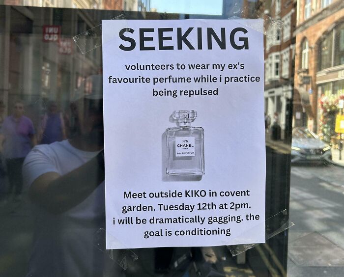Humorous seeking volunteers sign to wear ex's favorite perfume for conditioning