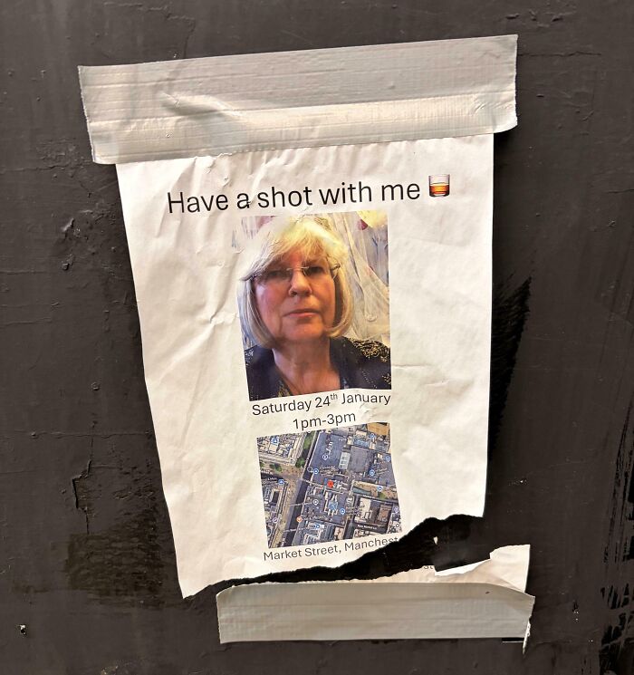 Poster inviting people to have a shot with woman in Manchester