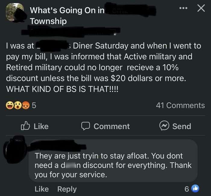 Angry post about military discount policy change at local diner