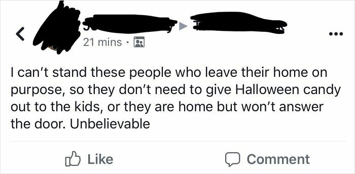Complaint about people avoiding giving Halloween candy by leaving or ignoring the door