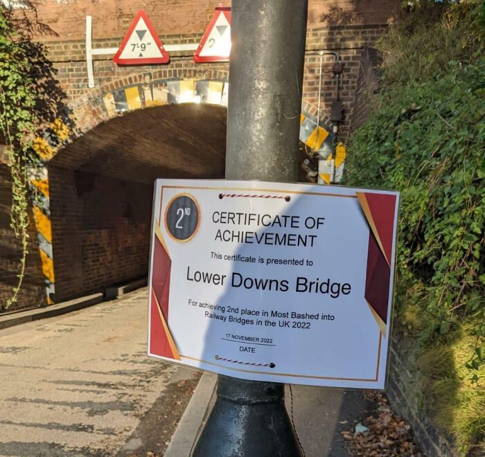 Certificate for Lower Downs Bridge for most bashed railway bridges in UK