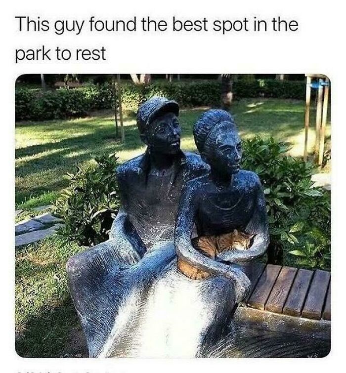 Funny animal meme of a statue couple holding a cat resting on their lap