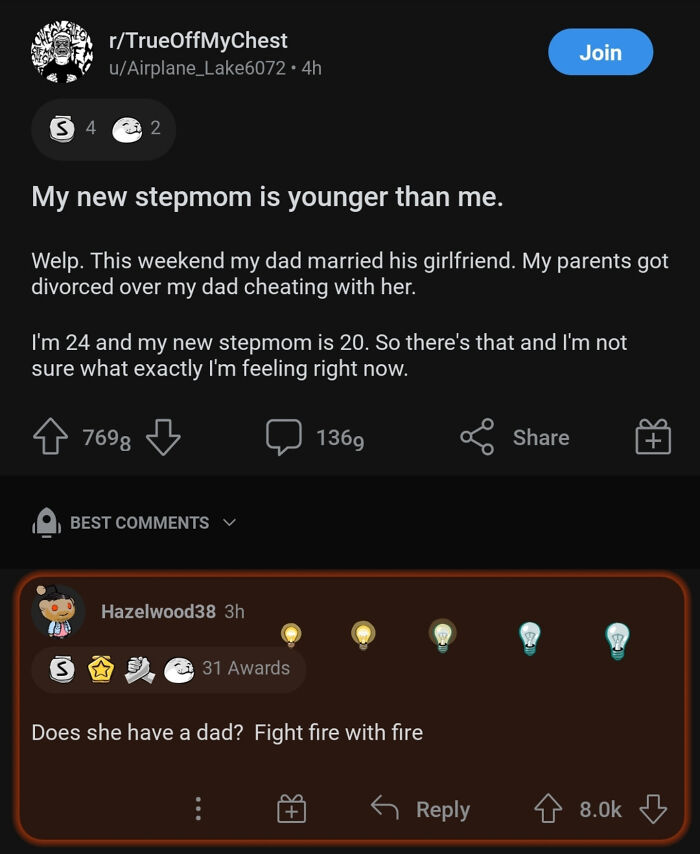 Reddit post about a stepmom younger than the user linked to cheating stories on TrueOffMyChest