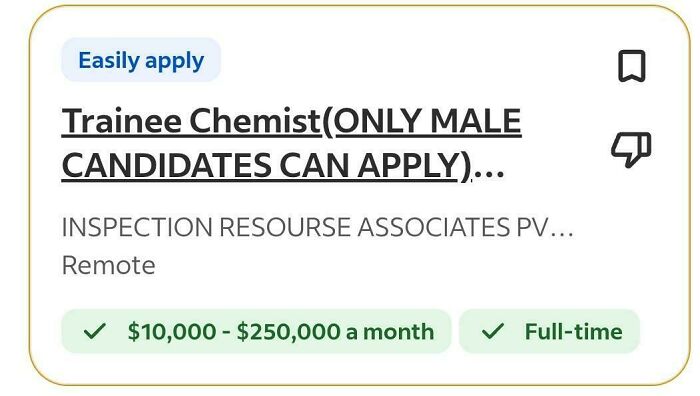 A job posting for a Trainee Chemist, specifying ONLY MALE CANDIDATES CAN APPLY, part of recruiting hell.