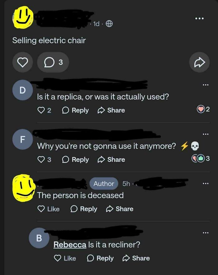 A hilarious screenshot of an online community post about selling an electric chair, with funny replies asking if it's a recliner.