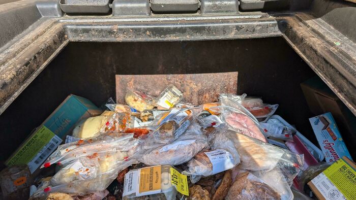 A dumpster filled with packaged food items, including bread and snacks, showing the extent of consumerism and waste.