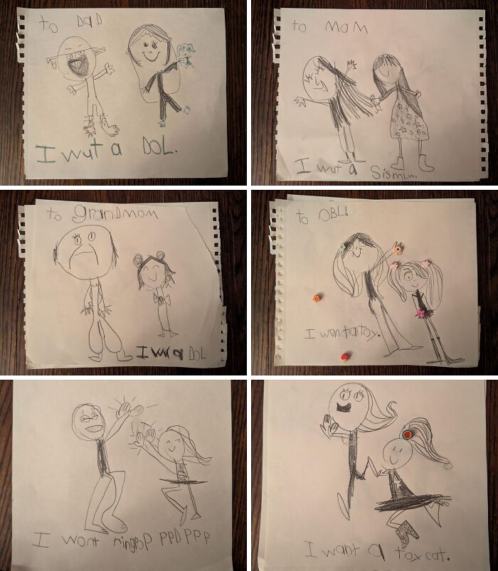 My Wife Had My Daughter Draw Pictures To Family Members With Her Christmas Wish List. Hilarity Ensued