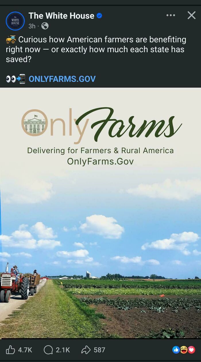Parody White House post promoting OnlyFarms.gov for American farmers