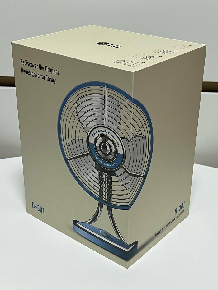 A box featuring a retro pic of a blue and silver LG Gold Star fan, bringing back older times.