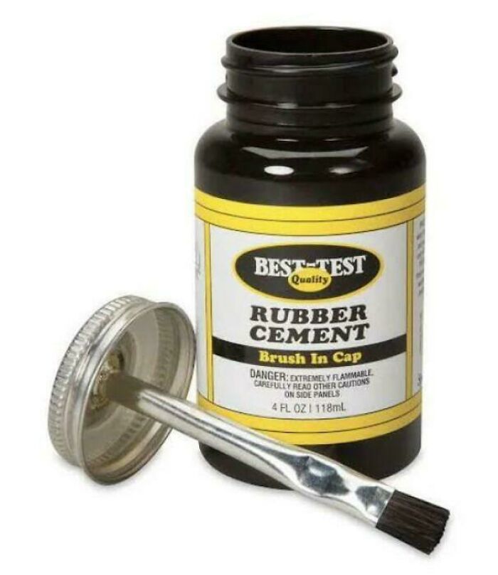 A vintage Best-Test rubber cement bottle with a brush-in cap, evoking older times and retro pics.