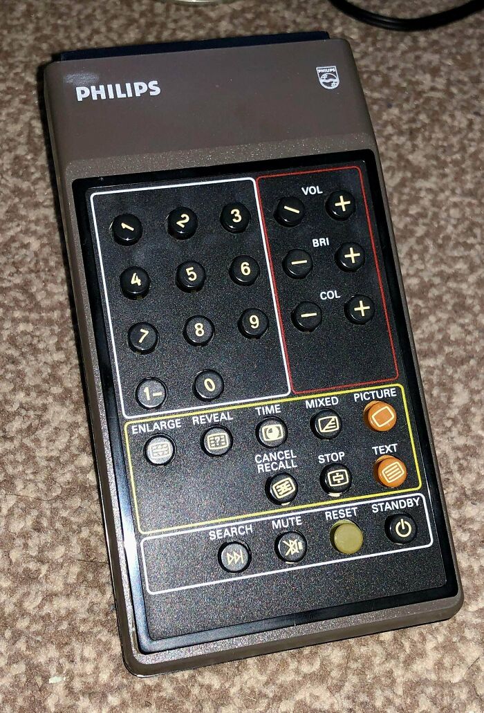 A Philips retro remote control, a time machine into older times, showing numbered buttons and controls for volume, brightness, and color.
