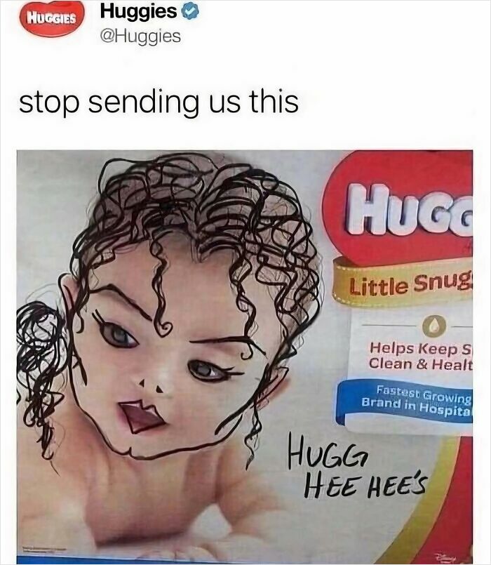 Huggies diaper packaging altered with funny drawn face caption