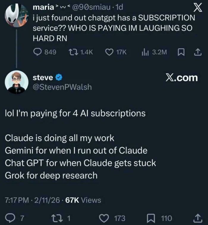 Funny tweet about paying for four AI subscriptions including ChatGPT