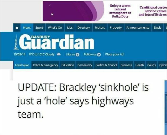 Banbury Guardian update on Brackley sinkhole being just a hole